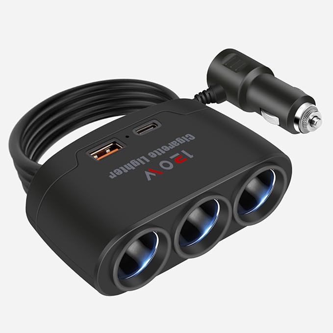 5 in 1 Cigarette Lighter Splitter, 3 Socket Car Charger Adapter + Type-C PD15W Charging + USB Charging Ports, Plug Outlet for All Car 12V/24V Devices