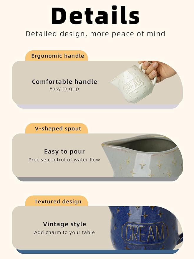 Creamer Pitcher,10 OZ Ceramic Creamer Pitcher with Handle for Milk, Sauces, Salad, Coffee, Farmhouse Kitchen Decor, Microwave & Freezer Safe (Vintage Blue)
