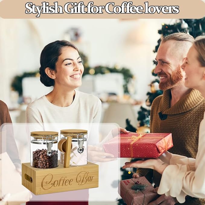 Glass Coffee Containers with Shelf & Scoop, 2 Pcs 48OZ Coffee Storage Jars with Airtight Lid for Coffee Beans, Nuts, Snack, Sugar, Tea, Wood color