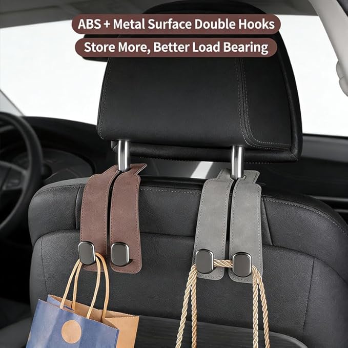Velocury Car Seat Hooks for Purses and Bags, Foldable Headrest Hooks for Car, Faux Suede Back Seat Organizer for Groceries, Handbags and Accessories (Gray, Pack of 2)