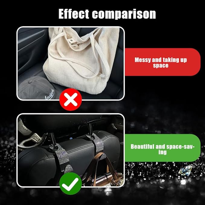2PCS Car Seat Hooks, Purse Hook for Car, Crystal Rhinestone Vehicle Backseat Purse Holder, Auto Accessories Diamond Auto Seatback Storage Organizer Hanger for Handbag Clothes Purse (Black)