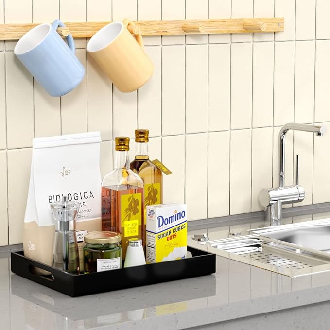 NIUBEE Black Serving Tray 12x16 Inches - Spill-Proof Acrylic Organizer with Handles for Coffee Table, Ottoman & Countertop | Decorative Tray for Breakfast in Bed, Drink Serving & Home Organization