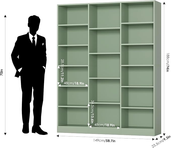 FACBOTALL Triple Wide Bookshelf, 6 Tier Large Bookshelf, Bookcase with 17 Open Display Shelves, 74'' Tall Bookcases and Bookshelves for Living Room, Home Office, Library, Green