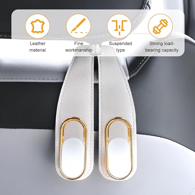 Car Seat Headrest Double Hook, 2PCS Multifunctional Soft Leather Vehicle Purses & Bags Holder, Hidden Design Automotive Interior Storage Hanger, Universal for SUV, Truck, RV (Beige)