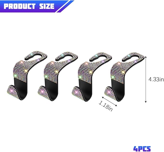 Bling Car Seat Headrest Hooks, 4PCS Crystal Rhinestone Vehicle Back Seat Hanger Holder for Handbags Purses Coats, Automotive Headrest Storage Organizer, Universal for RV SUV Truck (Multicolor)