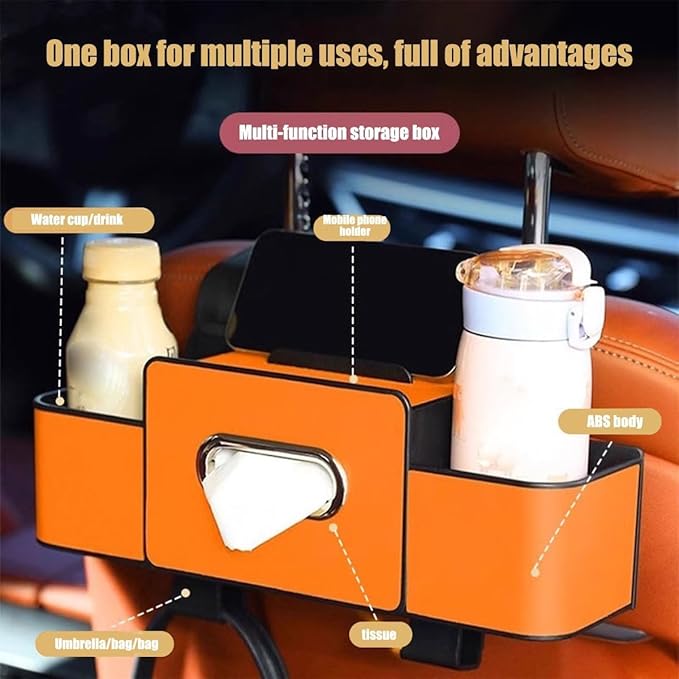 Car Organizers and Storage Box, Car Headrest Organizer Back Seat, Car Multifunctional Seat Back Waterproof Storage Bag, Car Seat Back Storage Box with 2 Cup Holders＆hooks (White, 1pcs)