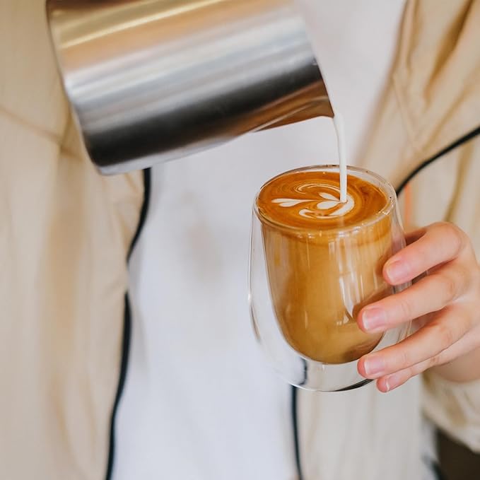 Espresso Cups, 7.4oz/210ml Double Walled Glass Coffee Mugs Set of 4, Clear Hand Blown Insulated Glass Coffee Cups with Handle for Espresso, Cappuccino, Latte, Americano, Coffee Lovers Gift