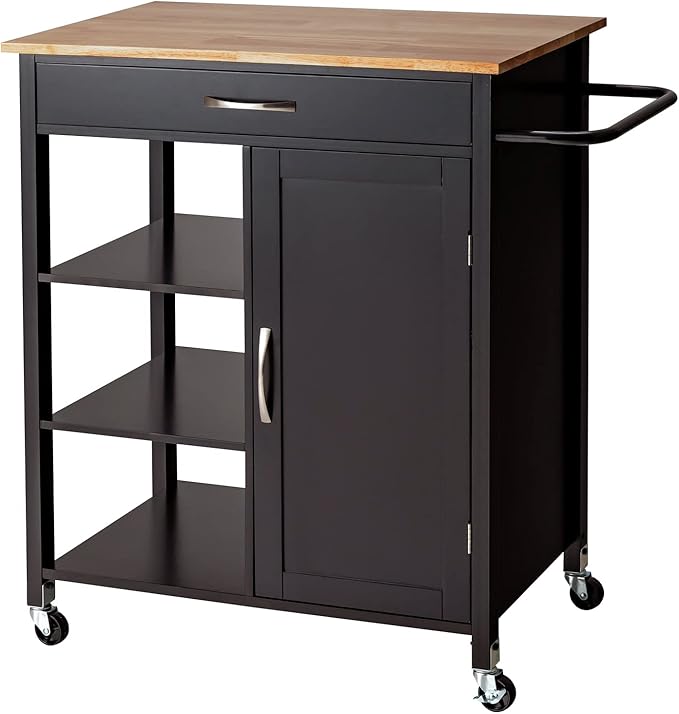 Giantex Kitchen Island - Mobile Kitchen Cart on Wheels, 1-Door Storage Cabinet, Large Drawer, 3 Tier Shelves, Rubber Wood Countertop, Towel Handle, Rolling Serving Cart for Dining Room Bar (Brown)