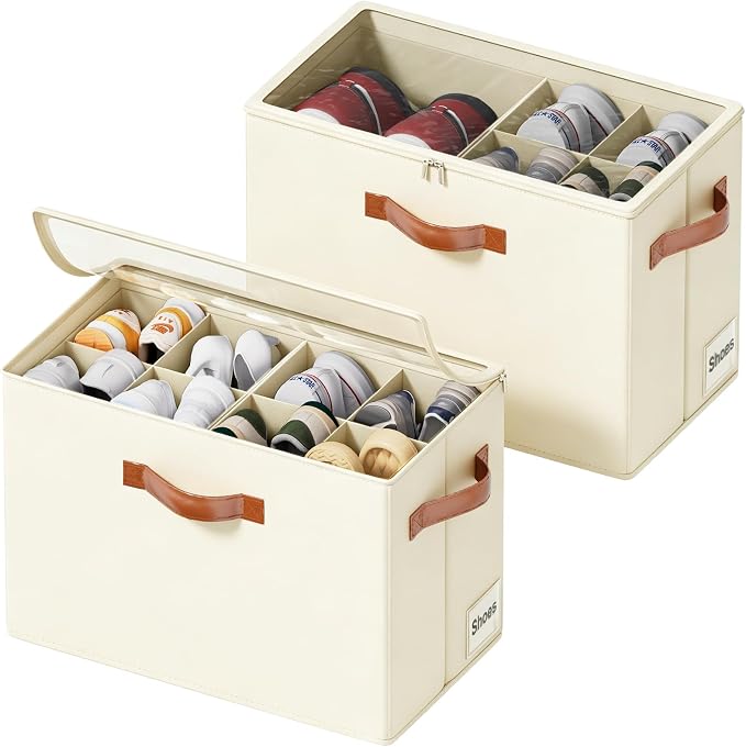 2 Pack Shoe Organizer for Closet, Space Saving, Beige | Fits 16-32 Pairs, Adjustable Dividers, Clear Cover, Reinforced Handles, Stackable & Foldable Shoe Storage Box