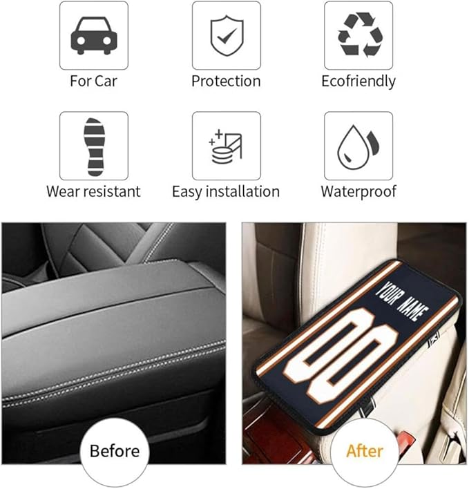 Custom Car Armrest Cover,Add Personalized Name and Number As Gifts for Loyal Football Fans,American Football Auto Center Console Pad Car handrail Box Cushion,Fit for Most Car Seat Box Cover Protector