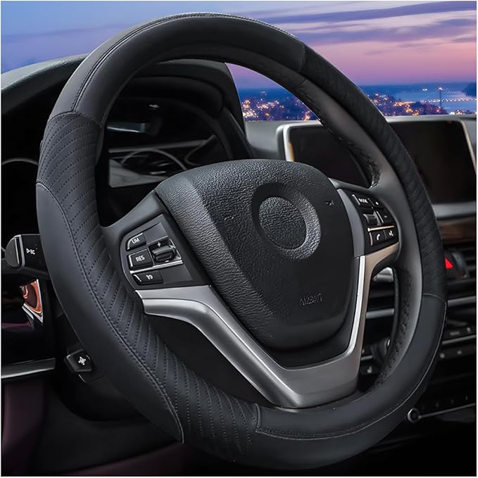 AUCELI Car Steering Wheel Cover, 14 1/2"-15" Leather Non-Slip Breathable Elastic Automotive Steering Wheel Protector, Sporty Car Accessories for Women Men, Universal for SUV, Truck, RV