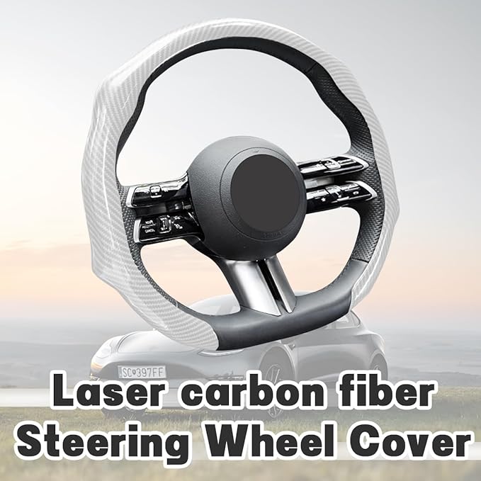 Carbon Fiber Car Steering Wheel Cover, Leather Non-Slip Vehicle Steering Wheel Cover for 14.5-15 Inch, Comfortable Auto Interior Protector Decoration Accessories, Universal Fit(White)