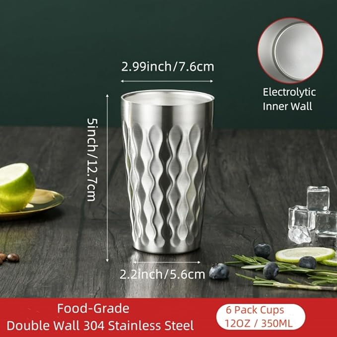 AGH 6 Pack Stainless Steel Cups for Kids, Metal Cups 12oz Double Layer Insulated Cup Pint Cup, Metal Drinking Cups Beer Tumbler Camping Cup Reusable Stackable Cup for Party Outdoor (Matte Gold)