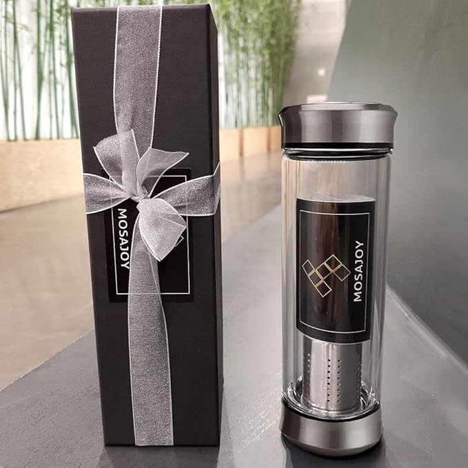 Modern Black Cylindrical Glass Travel Tea Mug with Infuser | BPA Free Double Wall Insulated 14 Ounce (A01)