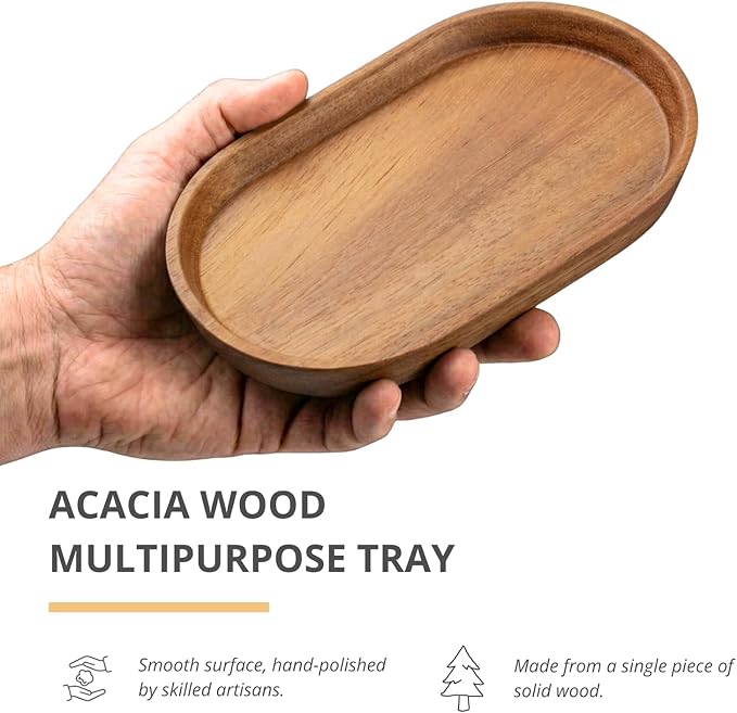 Mini Serving Trays for Parties, Small Decorative Tray for Tea＆Coffee, Oval Wooden Plates for Serving Food for Appetizer＆Vegetables for Bathroom 7.8"×4.6" (Acacia, Set of 2)