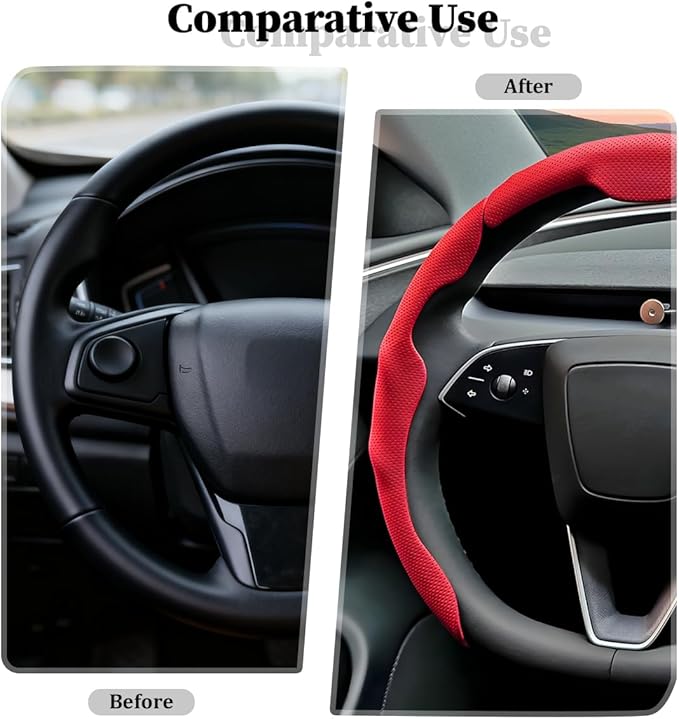 3PCS Car Steering Wheel Cover, Nappa Leather Breathable Non-Slip Segmented Steering Wheel Protector, Snap-on Auto Interior Decoration Accessories, Universal Fit (Red)