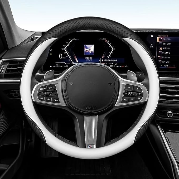 Leather Steering Wheel Cover 15 Inches Car Steering Wheel Cover Stretchy Easy Installation Durable Breathable Non-Slip for Honda Civic Accord Fit CRV HRV Pilot Odyssey Accessories -White