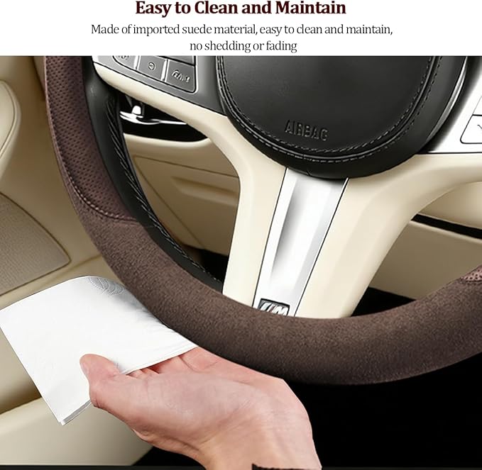 HZEL Car Steering Wheel Cover, Non-Slip Suede Leather Breathable Vehicle Steering Wheel Protector with Inner Ring, Automotive Interior Protective Accessories, Universal Fit (Coffee)