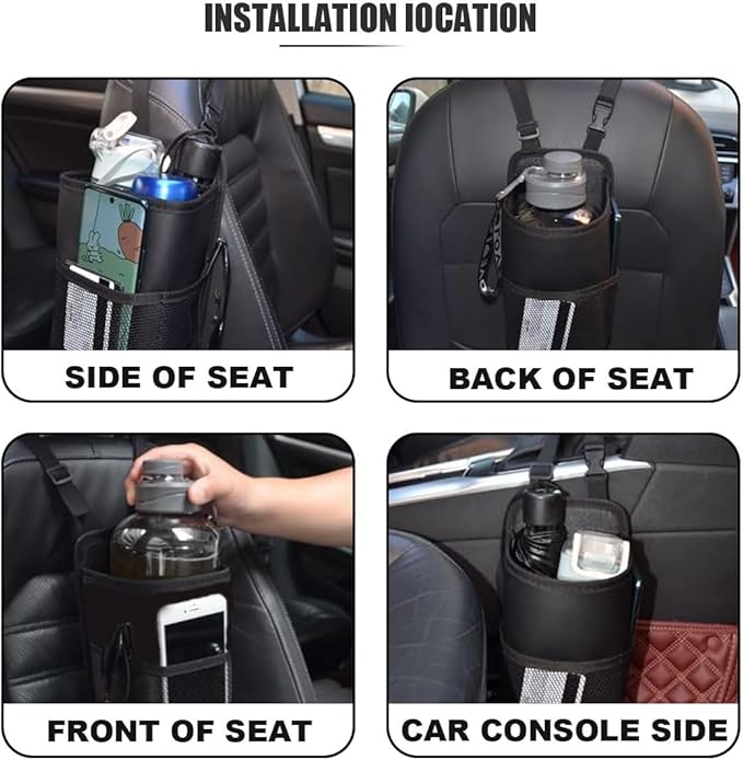 2-in-1 Large Cup Holder, 80 oz Multifunctional Car Seat Side Organizer, Hanging Water Bottle Holder Bag, Car Stuff Holder with Mesh Pocket for Phone & Drink, Suitable for Car SUV Truck (2 PCS)