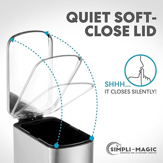 SIMPLI-Magic 6L/1.6G Stainless Steel Bathroom Trash Can with Hands-Free Foot Pedal, Quiet Soft-Close Lid, Compact Space-Saving Size