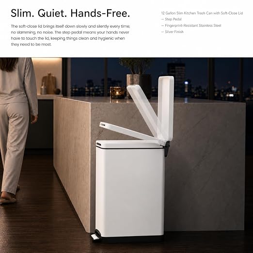 Home Zone Living 12 Gallon Slim Kitchen Trash Can with Soft Close Lid, Step Pedal, Bag Tuck Band, and Removable Liner, Stainless Steel, Matte White