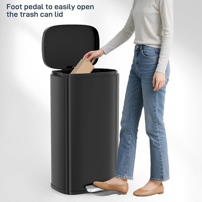 Arlopu13.2 Gallon Step Trash Can, Stainless Steel Garbage Bin, Soft-Close Rubbish Bin with Removable Plastic Inner Bucket, Fingerprint-Proof, Lid Dustbin, Suit for Kitchen Home (Black, 50L)