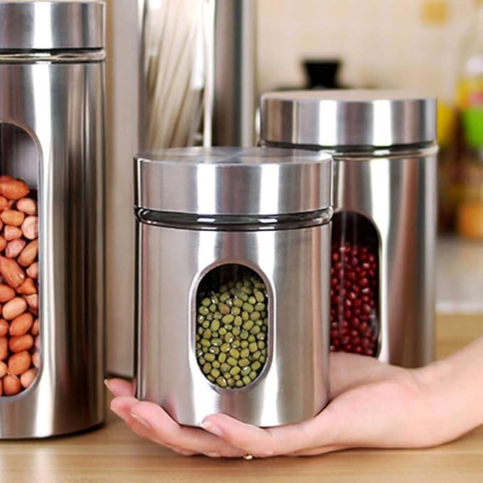 Teensery Stainless Steel Container Food Storage Jar Sealed Coffee Can Kitchen Canister with Glass Window and Airtight Lid for Tea Coffee Bean Sugar Candy Cookie Spice Flour, 1 Piece