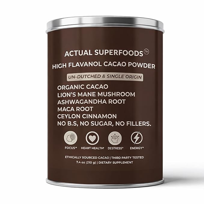 High Flavanol Cacao Powder Blend - Flavanols & Flavanoids - Organic Coffee Alternative with Lions Mane, Ashwagandha, Maca & Ceylon Cinnamon - 7.4 ounces - Morning Focus & Energy Ritual