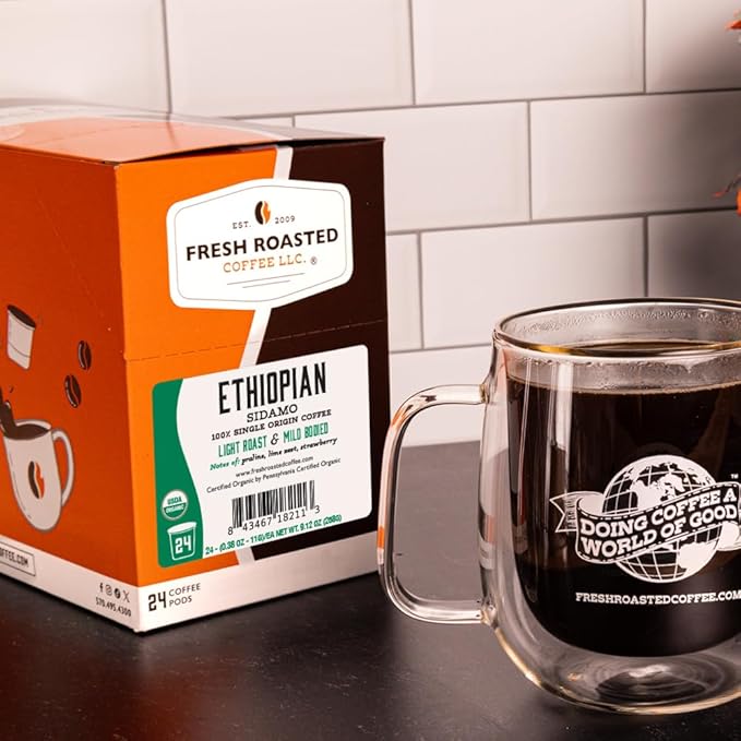 Fresh Roasted Coffee, Organic Ethiopian Sidamo Natural | USDA Organic, 100% Single Origin, Kosher | Light Roast 24 Pods for K Cup Brewers