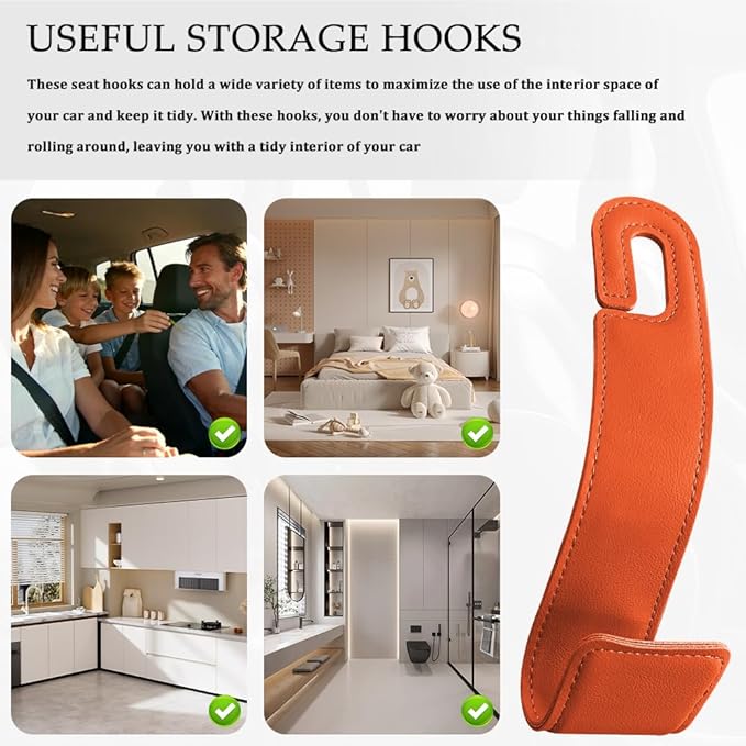 2PCS Purse Holder for Car, Purse Hook for Car, Leather Headrest Hooks for Automotive Back Seat, Auto Accessories Back Seat Organizer Hook for Grocery Bag Handbag Coat (Orange, 2PCS)