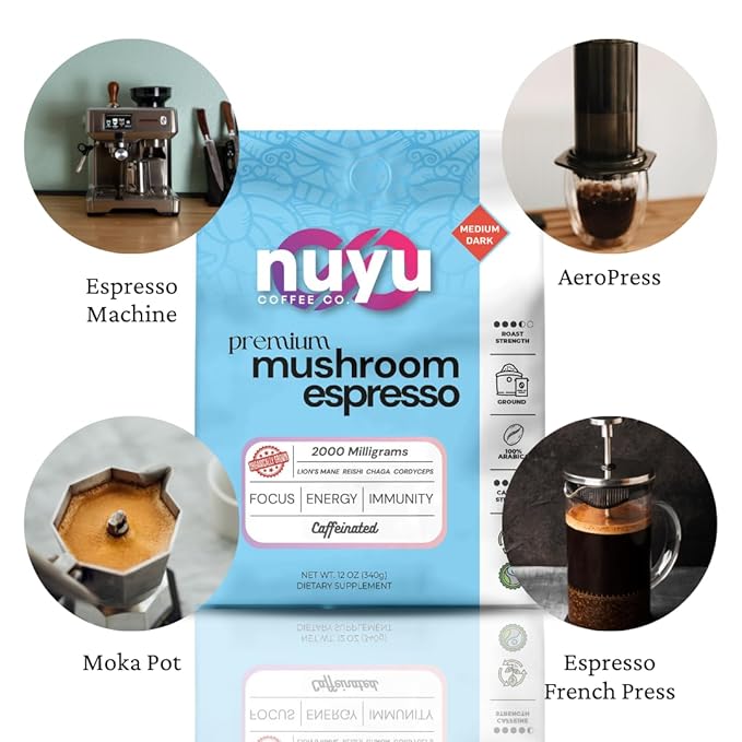 Nuyu Premium Mushroom Coffee, 12 oz, Fine Espresso Ground 100% Arabica, 2000mg Functional Mushrooms, Lion's Mane, Reishi, Chaga, Cordyceps for Cognition, Energy and Wellness (12oz, Espresso Roast)
