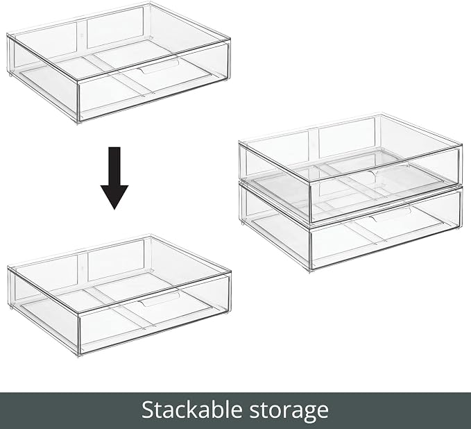mDesign Wide Plastic Stackable Bathroom Storage Organizer Bin with Pull Out Drawer for Cabinet, Vanity, Shelf, Cupboard, Cabinet, Countertop, Closet Organization - Lumiere Collection - 2 Pack - Clear