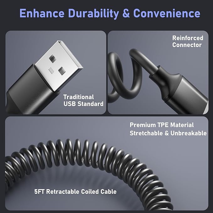 3 Pack 65W Multi Port 12V USB C & USB A Car Charger Adapter with 5 Pack Coiled USB Type C Coiled Cable Compatible for iPhone, Galaxy, Google and Other Android Devices