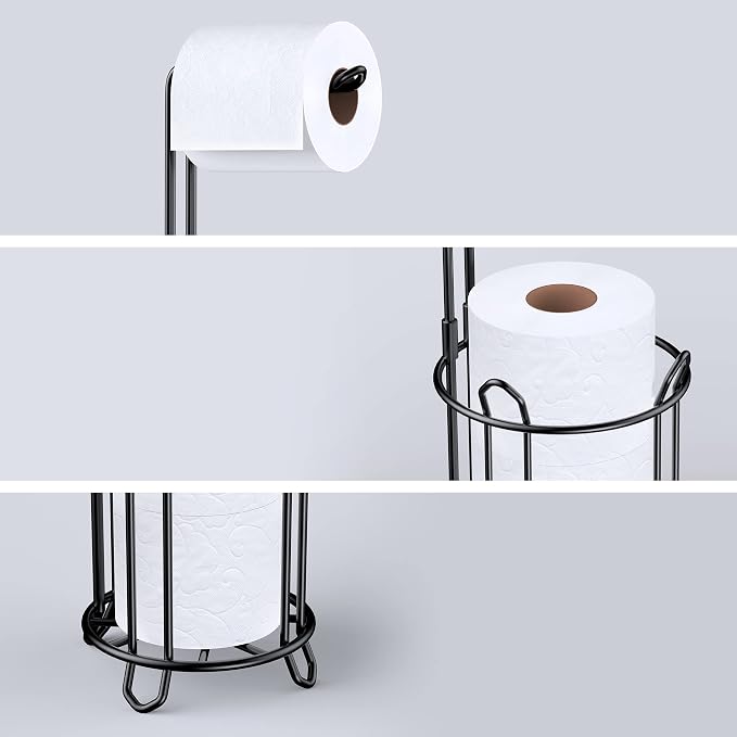 Meangood Toilet Paper Holder Stand and Tissue Paper Roll Dispenser for 4 Mega Rolls, Bathroom Free Standing Tissue Roll Storage Holder Rack, Metal Wire (Black)