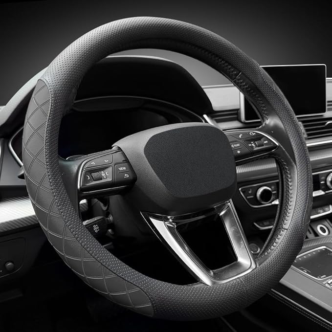 LKWLIKEI Nappa Leather Steering Wheel Cover, Elegant Diamond Checkered Design, Non-Slip wear-Resistant, Enhance Driving Comfort, Suitable for Steering Wheel Diameter 14 1/2‘-15’ Models.Black