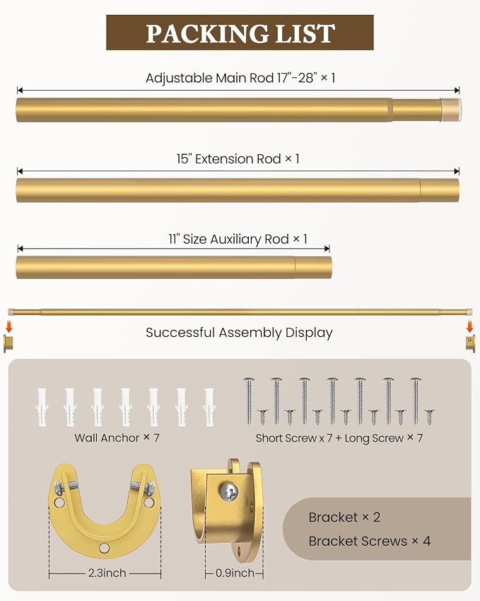 Heavy Duty Closet Rod, 17-54 IN Closet Rods for Hanging Clothes, Gold | Stepless Adjustable, Supports up to 66 lbs, Multiple Size Options, Easy Installation, Multi Purpose , Wall-Mounted