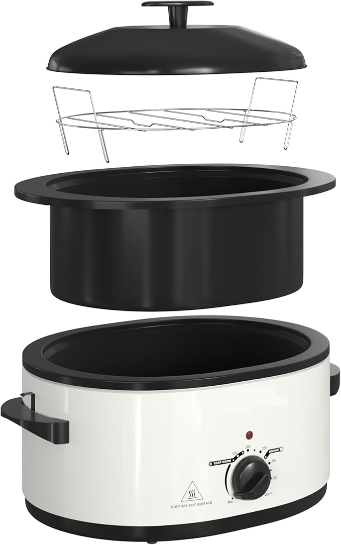 8 QT Electric Roaster Oven with Self-Basting Lid, Turkey Roaster Oven with Defrost Warm Function, Removable Pan and Rack, Stainless Steel White