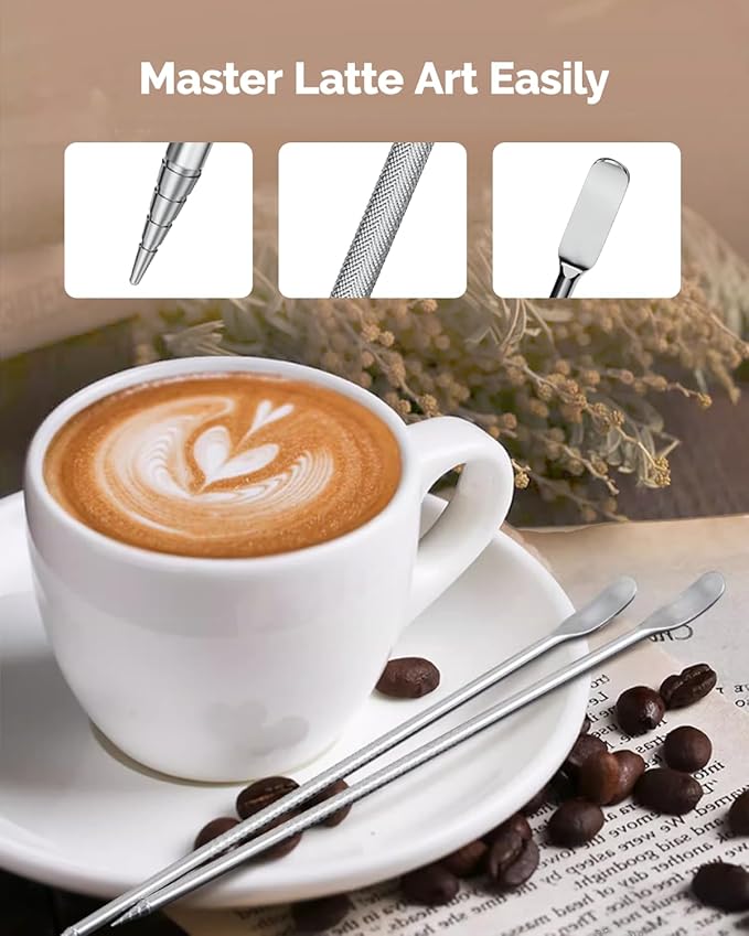 Maestri House 4-Piece Barista Espresso Accessories Kit – WDT Distribution Tool, 12oz Milk Frothing Pitcher with Latte Art Pen, Steam Wand Cleaning Towels, Home Coffee Barista Tool Set