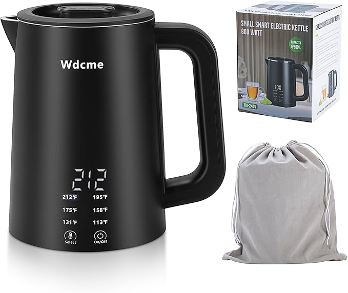 0.6L Small Travel Electric Kettle 800W,6 Temperature Control Dual Voltage 110-240V Smart Tea Coffee Kettle,12H Keep Warm,304 Stainless Steel Portable Hot Water Boiler (Black)