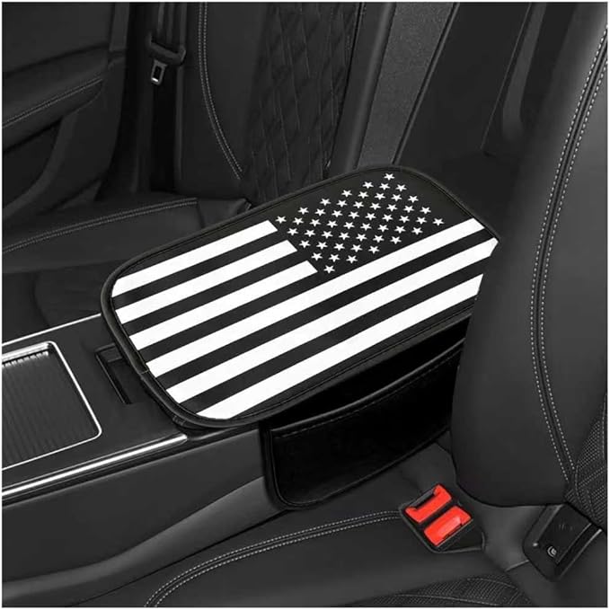 Car Center Console Pad, American Flag Armrest Seat Box Anti-Scratch Interior Protector with 2 Pockets, Patriotic Waterproof Leather Middle Console Cover Cushion for Most Vehicles