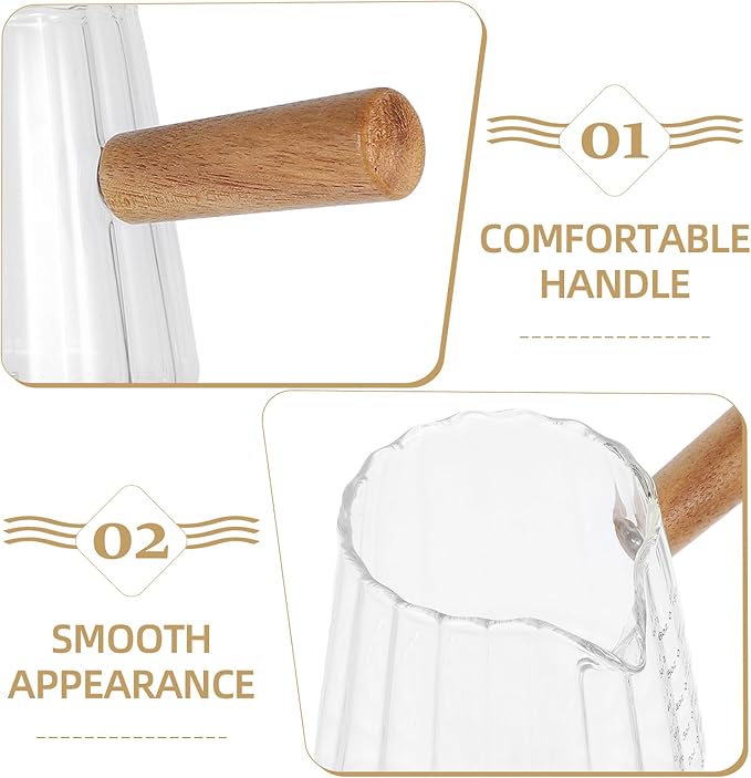 Kichvoe Espresso Shot Glass with Wood Handle - Glass Coffee Milk Creamer - Frothing Pitcher Creamer Jug, 180ML/6 OZ Pourer Baking Measuring Cup for Coffee Milk Tea Syrup