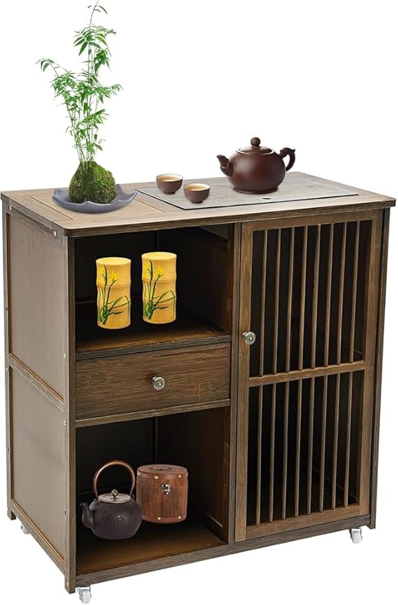 Farmhouse Coffee Station Table on Wheels, Mobile Tea Table Buffet Sideboard Cabinet for Home Kitchen Dining Room (Walnut) (Color:Walnut)