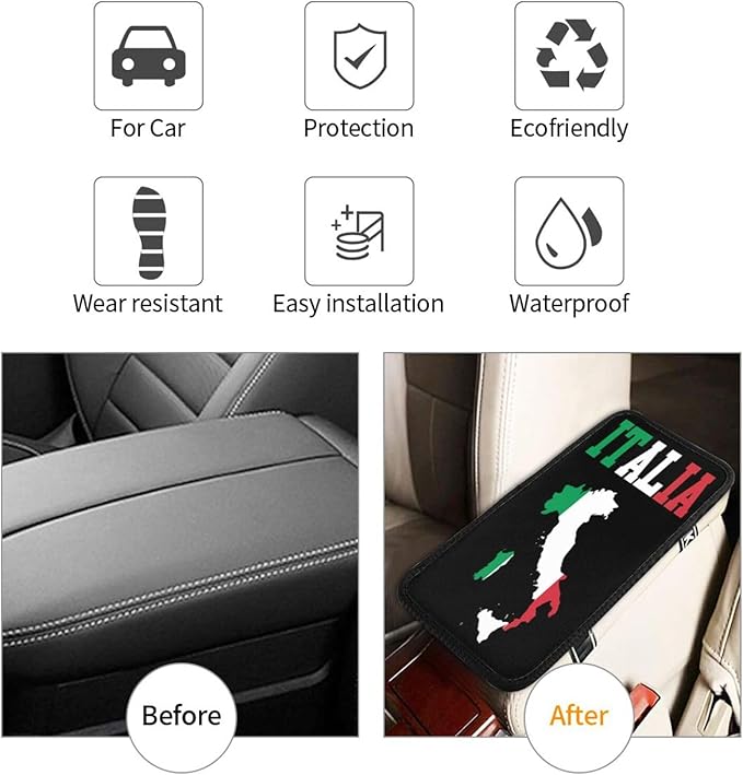 Vintage Italy Italia Italian Flag Car Center Console Cover, Universal Waterproof Armrest Pad, Soft Comfort Cushion & Scratch-Resistant Protector for Cars, SUVs and Trucks