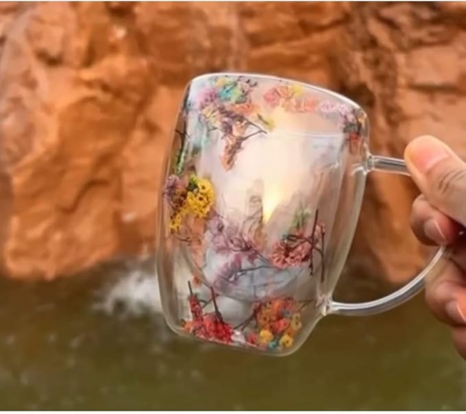 Leilanis Double Wall Glass Coffee Mug, Floral Design, Transparent Cup with Autumn Flowers (style 1)