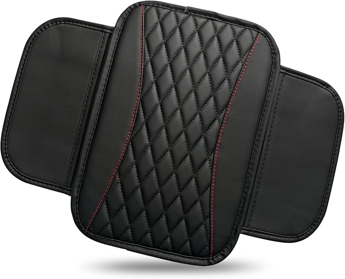 Car Center Console Cover, Upgraded Patchwork Leather Arm Rest Cover with Side Storage Pockets, Comfortable Auto Armrest Protector Cushion, Universal Middle Console Pad for SUV, Sedan (Black)