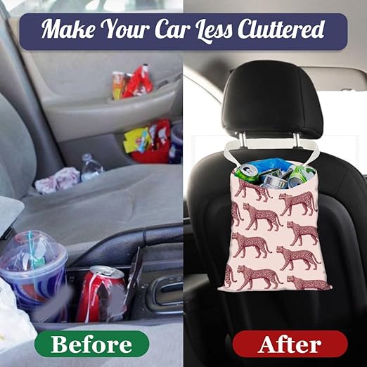 2PCS Leopard Raccoon Print Car Trash Bag Portable Hanging Garbage Bag with Snap Buttons Back Seat Reusable Rubbish Storage Dustbin for Women Man Car Interior Accessories Kitchen Home Travel