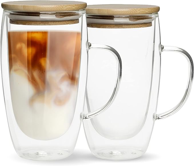 Double Walled Glass Coffee Mugs By Chef"s Unique Insulated Coffee Mugs With Handle And Bamboo Lid, Clear Glass Cups For Coffee Tea Latte Cappuccino Espresso 16 OZ (Set of 2)