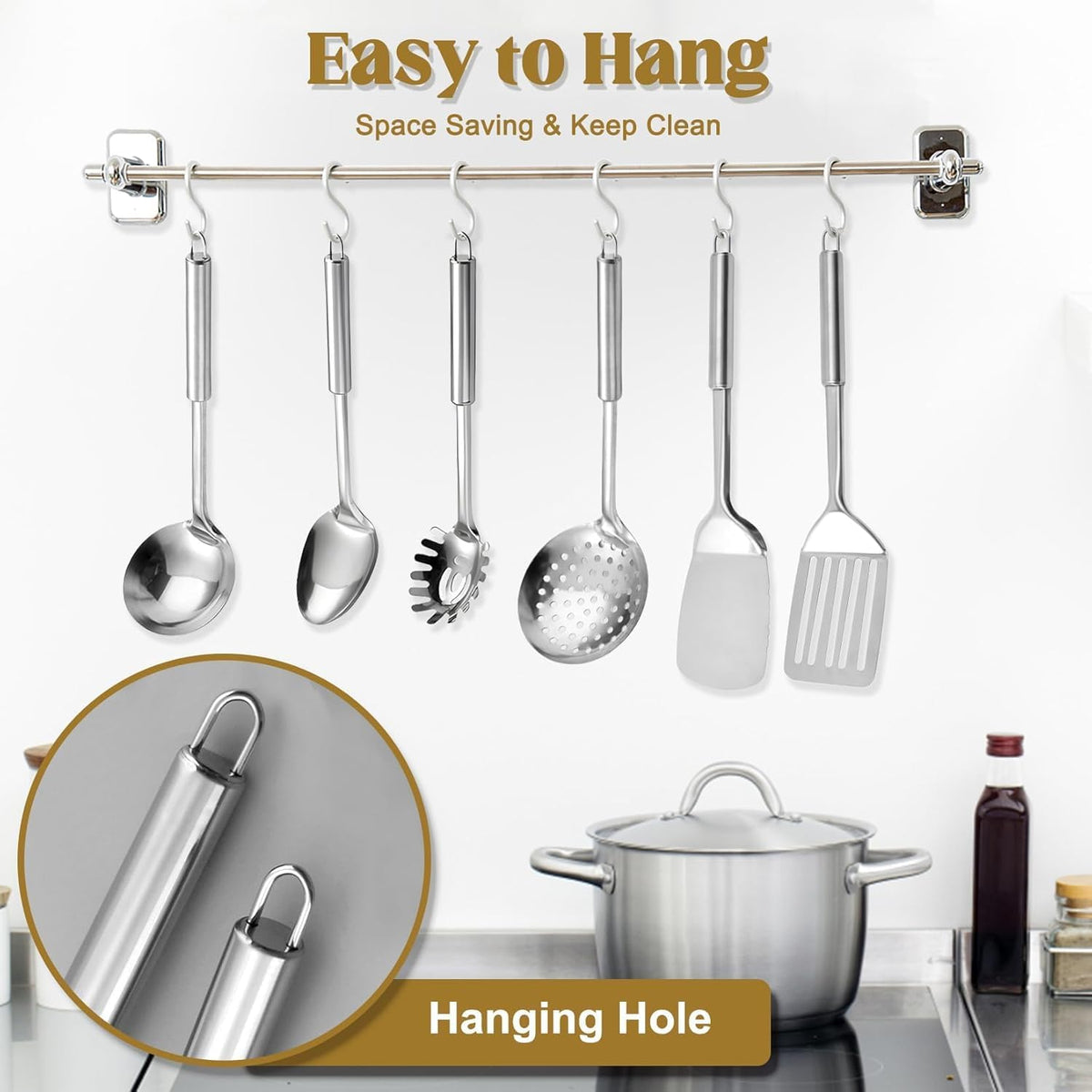 Stainless Steel Kitchen Utensils Set, 10 PCS Stainless Steel Utensils Set for Cooking, Heat Resistant Spatula Cooking Utensils Set with Turners, Serving Spoon, Ladle, Skimmer, Pasta Fork