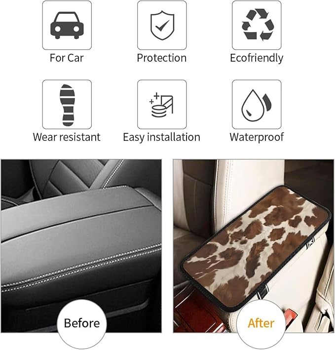 Car Center Console Cover Brown Animal Print Armrest Cover Cushion Cow Cute Universal Car Armrest Seat Box Pad Car Interior Accessories Protector for Vehicle, SUV, Truck, Sedans