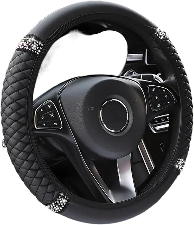 15 Inch Bling Rhinestone Steering Wheel Cover, Soft Leather Elastic Steering Wheel Protector Slip-on Grip Wrap for Women